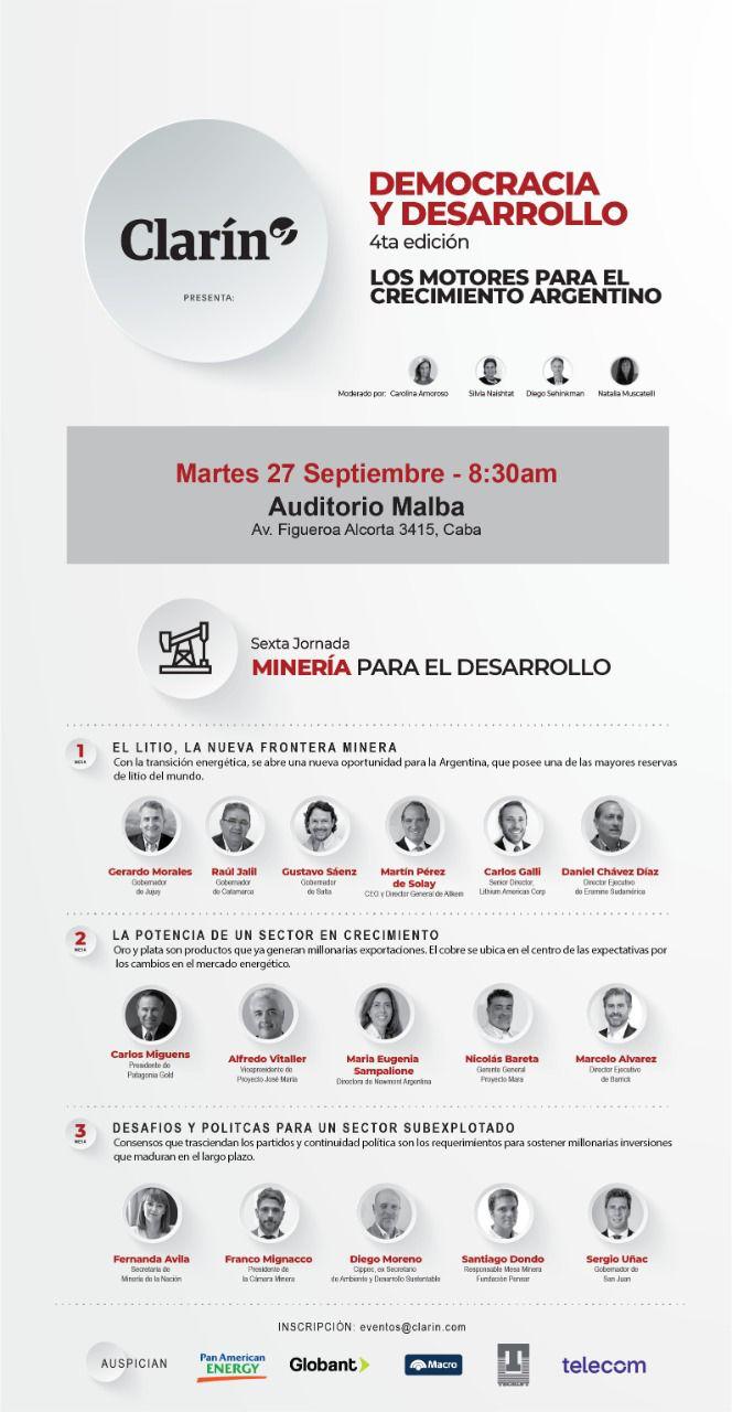 Ciclo Democracia y Desarrollo: gobernadores y empresarios debatirán sobre minería en un encuentro organizado por Clarín Ciclo Democracia y Desarrollo: gobernadores y empresarios debatirán sobre minería en un encuentro organizado por Clarín