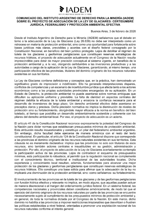 El IADEM expresó su defensa a la modificación de la Ley de Glaciares
