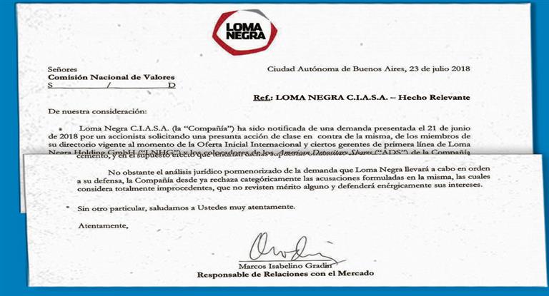 Juicio a Loma Negra en Nueva York por ignorar futuro económico local