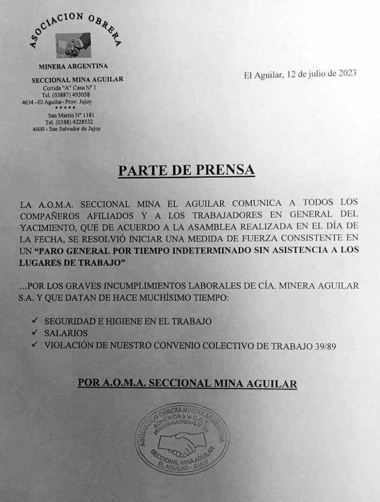 Jujuy: Medida de fuerza de los trabajadores de Mina Aguilar