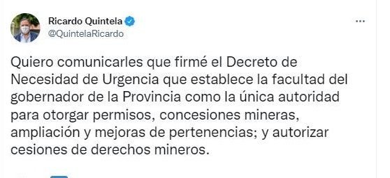 La Rioja: Quintela firmó un DNU que establece que él es el único autorizado para otorgar permisos mineros