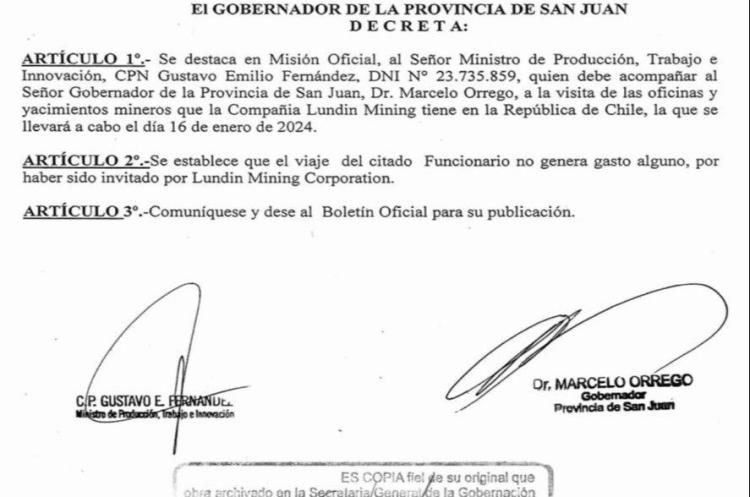 San Juan: El ministro de Producción sanjuanino viajó a Chile con gastos pagados por Lundin, y se enfrenta a una posible demanda por dádivas