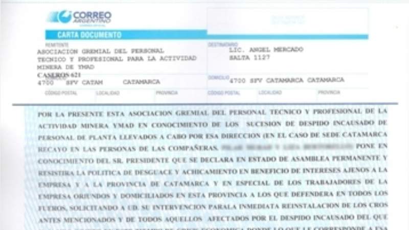 Catamarca: YMAD recibió carta documento por los despedidos